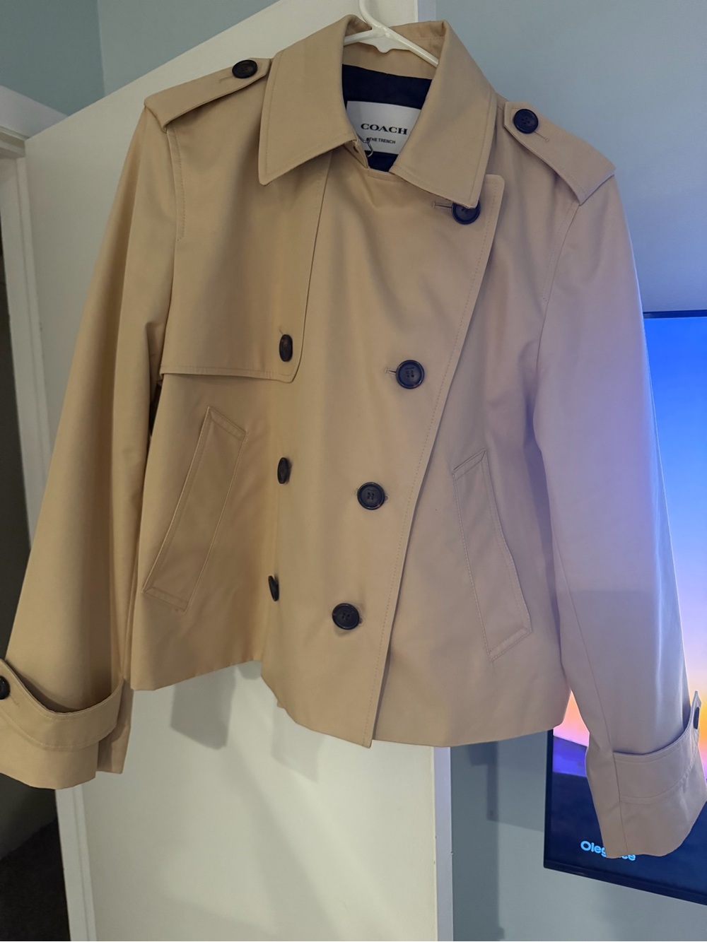 Coach Women's Beige Short Trench Coat with Dark Buttons